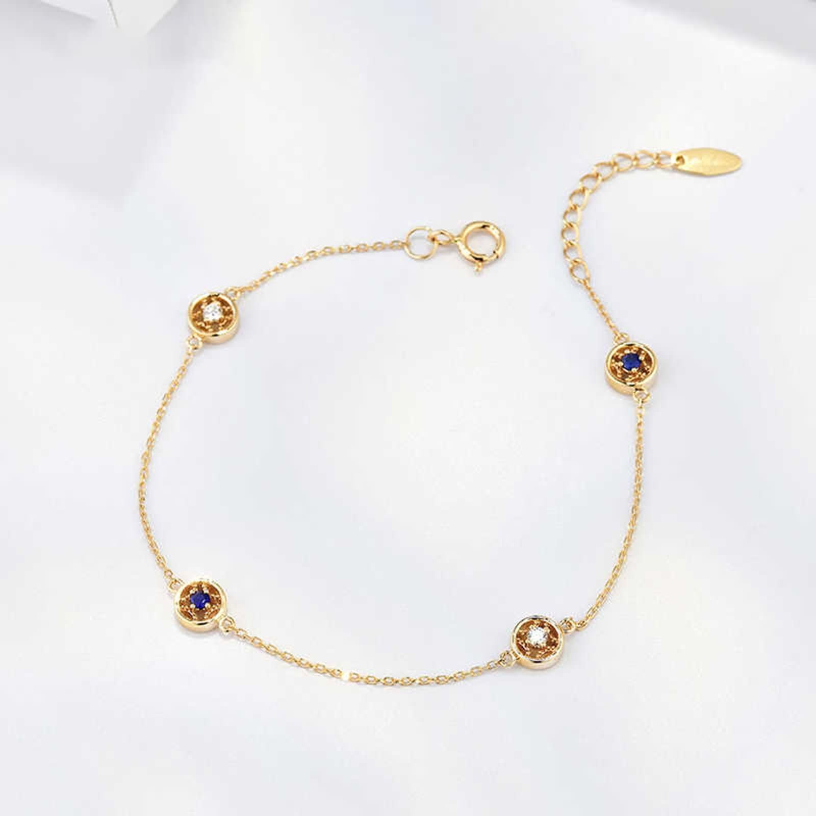 Pulsera Mujer de Oro Amarillo 9Kilates / 14Kilates / 18Kilates, Redondo con Zafiro y Diamante, Cadena Extensible 16 CM + 5 CM, Pulsera Mujer Cadena Oro Azul