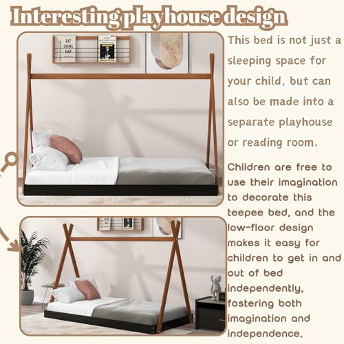 Wood-Teepee-Bed-Twin-Size-Floor-Beds-for-Kids-Montessori-Style-House-Tent-Bed-Frame-for-Boys-Girls-Teens-No-Spring-Box-Needed-Black-with-Brown Wood Teepee Bed Twin Size Floor Beds for Kids Montessori Style House Tent Bed Frame for Boys Girls Teens No Spring Box Needed Black with Brown