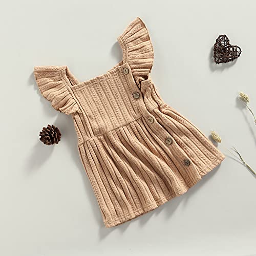 Visgogo Kids Baby Girl Dresses Solid Color Ruffles Button Knitting Square Collar Outfits Clothes (Khaki, 18-24 Months) #TOP2