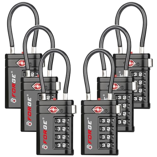 Forge TSA Approved Luggage Locks 4 Digit Combination TSA Travel Locks with TSA008 Open Alert Indicator Zinc Alloy Body for Luggage Suitcase Backpack and More. Black 6 Locks.