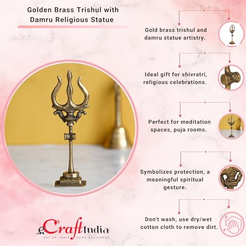 Image of eCraftIndia Golden Brass Handcrafted Trishul with Damru Statue | Trishul for Pooja Mandir Home Temple | Gift for Diwali Housewarming Maha Shivratri