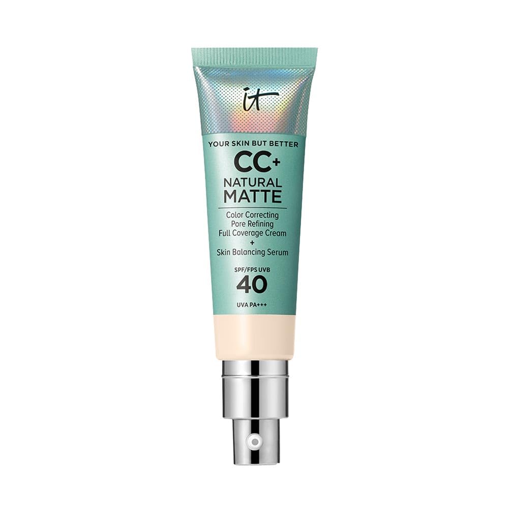 IT Cosmetics Full Coverage Foundation, Natural Matte, Made with Hyaluronic Acid, SPF 40 Protection, Your Skin But Better CC+
