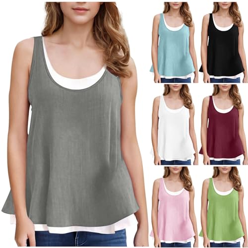 Girls Cotton Linen Summer Tank Tops Fake-Two Pieces Cute Sleeveless Crew Neck Tunic Tee Shirts for 5-14 Years2