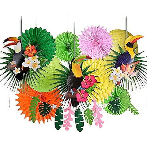 Tropical Bird Toucan Leaf Garland Party Kit for Summer Hawaiian Luau Tiki Tropical Jungle Themed Party Decorations Luau Party Supplies Decor with Paper Palm Leaves Paper Fan Paper Lanterns Cover