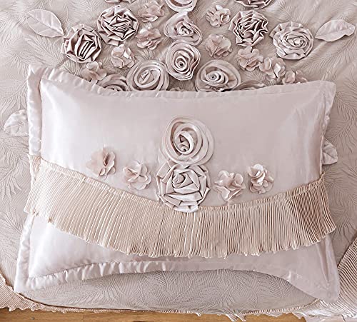 Tache Satin Silky Lustrous Floral Lace Ruffle Sweet Victorian Royal Glam Champagne Beige Down Alternative 6Pc Comforter Set - King #TOP6