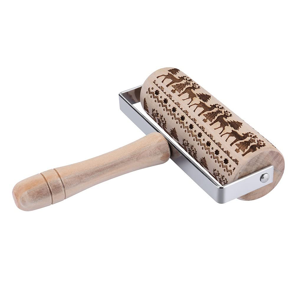 Rodillo de amasar en Relieve, Rodillo de amasar 3D de Madera en Relieve, Pernos de amasar Profesionales en Relieve con patrón de Alce navideño, para Hacer postres de Galletas