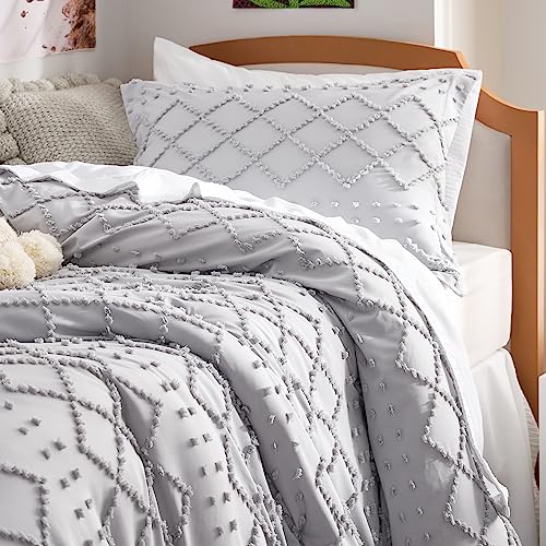 Image of Bedsure Twin Comforter Set - Light Grey Comforter, Boho Tufted Distressed Vintage Bedding for Kids, 2 Pieces Farmhouse-Style Bed Set for All Seasons, Fluffy Soft Bedding with 1 Pillow Sham