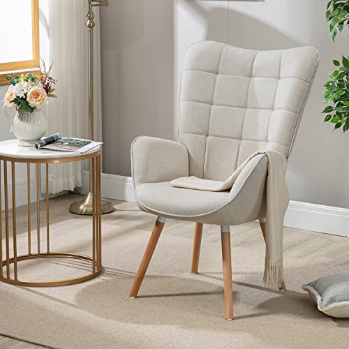 MEUBLE Cosy Sessel Relaxsessel Lehnstühle Polstersessel Einzelsofa mit Holzbein Ohrensessel für Wohnzimmer Schlafzimmer Büro Vanity, Stoff, Beige