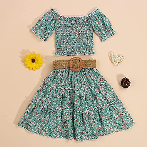 Image of Kids Baby Girls Outfits Floral Ruffle Off Shoulder Crop Tops + Bowknot Denim Shorts Skirt Set Toddler Summer Clothes