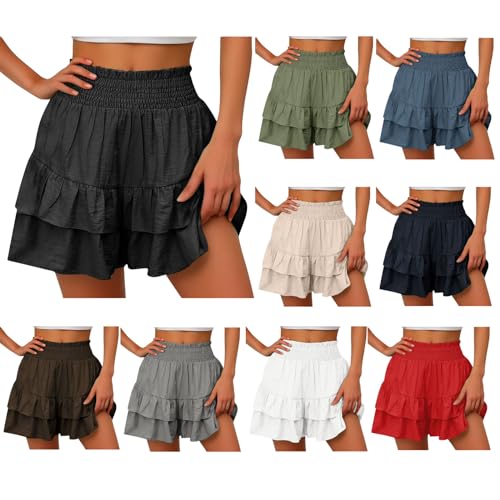 Generic Women's Summer Cute Ruffle Shorts High Waisted Pleated Hem Workout Shorts Loose Casual Solid Color Beach Shorts?Black,Large?