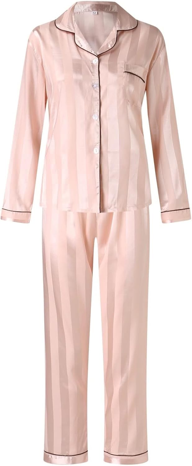 Women's Satin Pajama Sets Stripe 2 Piece Sleepwear Lapel Button Down Long Sleeve Shirt and Pants Loungewear Set