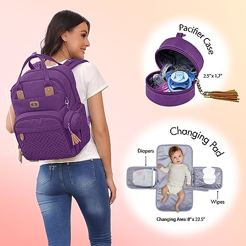 Image of Dikaslon Diaper Bag Backpack with Portable Changing Pad, Pacifier Case and Stroller Straps, Large Unisex Baby Bags for Boys Girls, Multipurpose Travel Back Pack Moms Dads, Purple