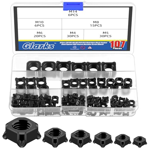 Glarks 107pcs M4 M5 M6 M8 M10 M14 Weld Nut Set, Black Square UNC Coarse Carbon Steel Machine Screw, Weld Nut, Square Weld Nuts for Industrial Machine