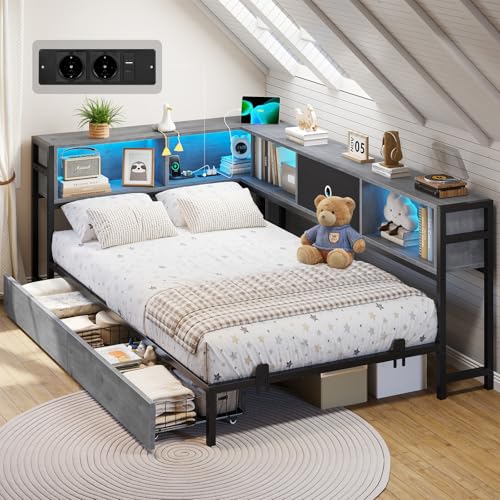 DICTAC Canapé Lit 90x200 avec éclairage LED et Prise, Lits 90x200 avec sommier en Métal, lit Banquette avec 5 Compartiments Rangement, Lits 1 Place avec 2 tiroirs, Lit Enfant LED, Gris chêne