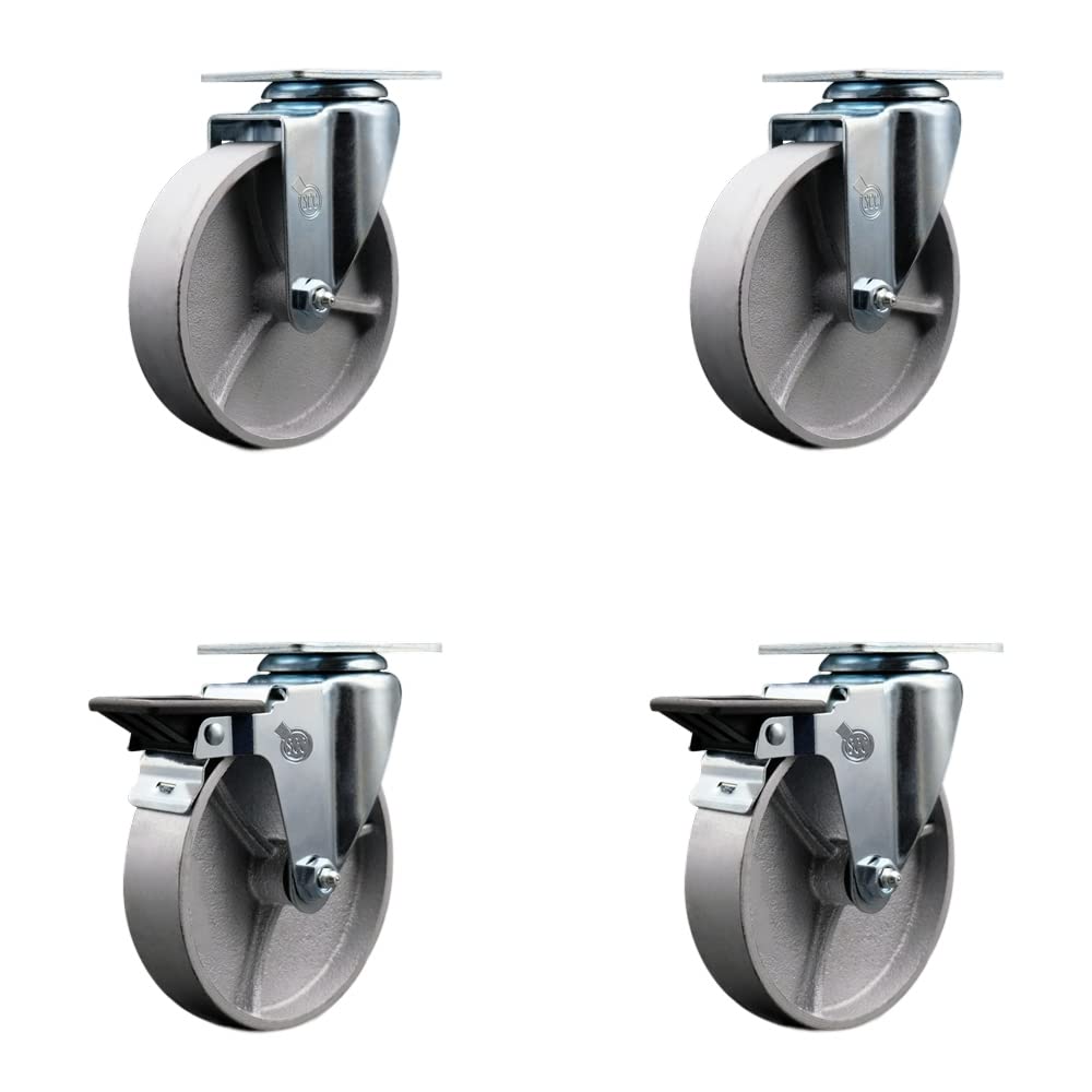 Semi Steel Cast Iron Swivel Top Plate Caster Set of 4 with 5 Inch Silver Wheels - Includes 2 Swivel with Posi Locking Brakes and 2 Swivel - 1200 lbs. Total Capacity - Service Caster Brand