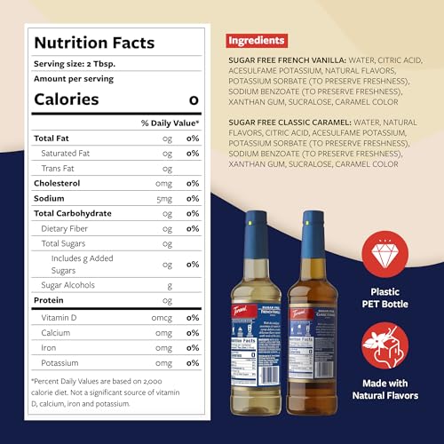 Image of Torani Sugar Free Classic Caramel Syrup and Sugar Free French Vanilla Syrup Variety 2-Pack, Coffee Syrups for Drinks, Pumps Included, 25.4 Fl Oz Ea