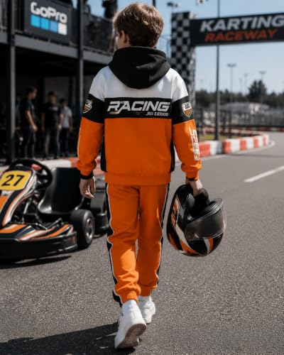 Image of Boy 2 Piece Outfits Long Sleeve Racing Hoodie Top and SweatPants Fall Winter Clothing Set Sizes 5-12 Years