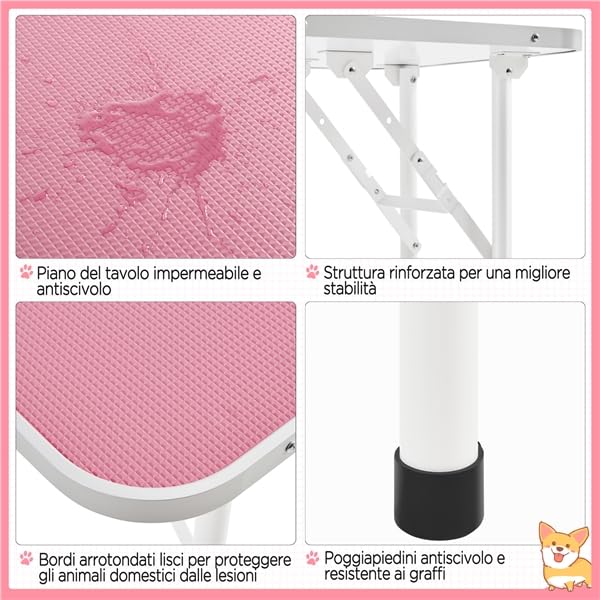 Yaheetech Tavolo da Toelettatura Cani Tosatura per Cani Gatti Animali Pieghevole con Laccio Portata 100 kg Rosa