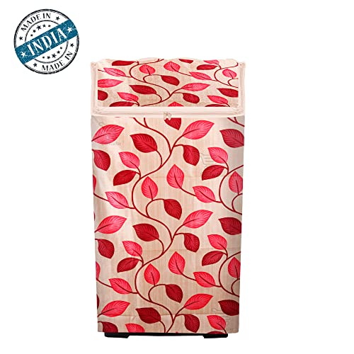 Image of Washing Machine Cover for Top Load 5kg to 7.5kg | Light Weight Dustproof Polyester Cover with Zip Enclosure | Leaf Print Fully Automatic Washer Protector Indoor Outdoor Use- Size 23x23x35 inch