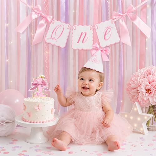 Image of 3Pcs Pink Bow First Birthday Decorations Highchair Banner for Girl,1st Birthday High Chair Garland,Cake Topper & Hat for One Year Old Birthdays Party Decoration,Baby Shower,Princess Fairy Photo Props