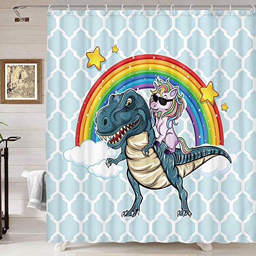 Dynh Funny Kids Shower Curtain, Cool Unicorn Riding Cute Dinosaur With Rainbow Shower Curtain Set,Polyester Fabric Cartoon Shower Curtain For Bathroom With 12Pcs Hooks, Teal Blue (69"X70") #TOP1