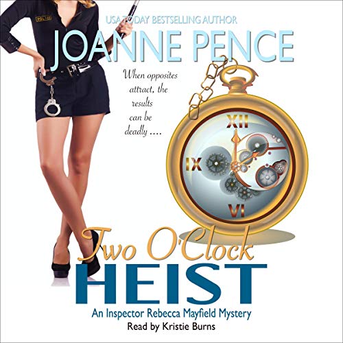 Two O'Clock Heist: An Inspector Rebecca Mayfield Mystery (The Rebecca Mayfield Mysteries, Book 2) depicting the lower body of a female police officer, dressed in a short skirt, plus a tabletop old style clock