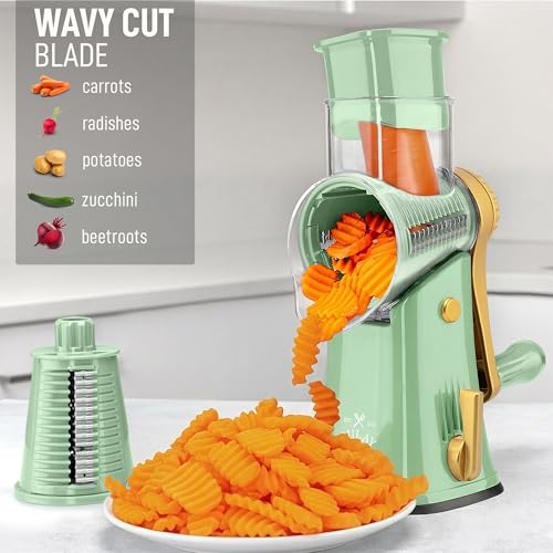Image of Zulay Kitchen Rotary Cheese Grater 5 Blade Cheese Shredder - Manual Hand Crank Cheese Grater With Reinforced Suction & 5 Interchangeable Drums - Easy to Use, Vegetable Chopper Round Mandoline Slicer