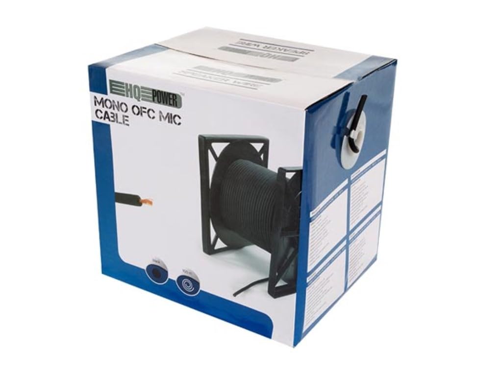 HQ-Power Cable de micrófono mono de 100 metros, negro, carrete, cable de cobre OFC puro para grabación de audio profesional, cable de estudio, transmisión flexible, refuerzo de sonido, rendimiento de