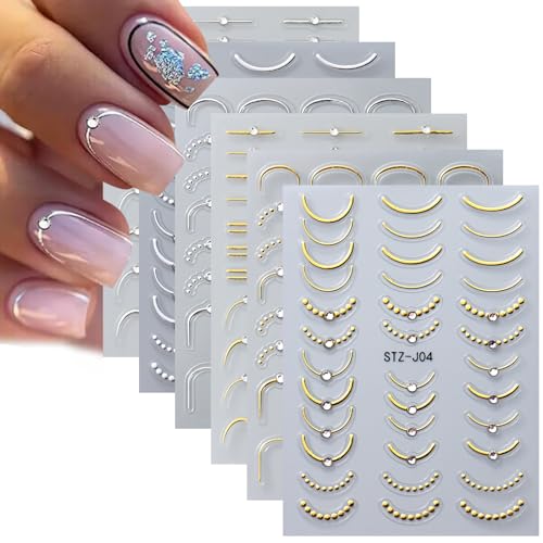 JFIYUOMCI 5D Embossed French Tip Nail Stickers with Rhinestones Crystal, French Manicure Strips - (Straight, Smile Line), Self-Adhesive Silver Gold Nail Art Stickers Decals for Women Girls - 6 Sheets