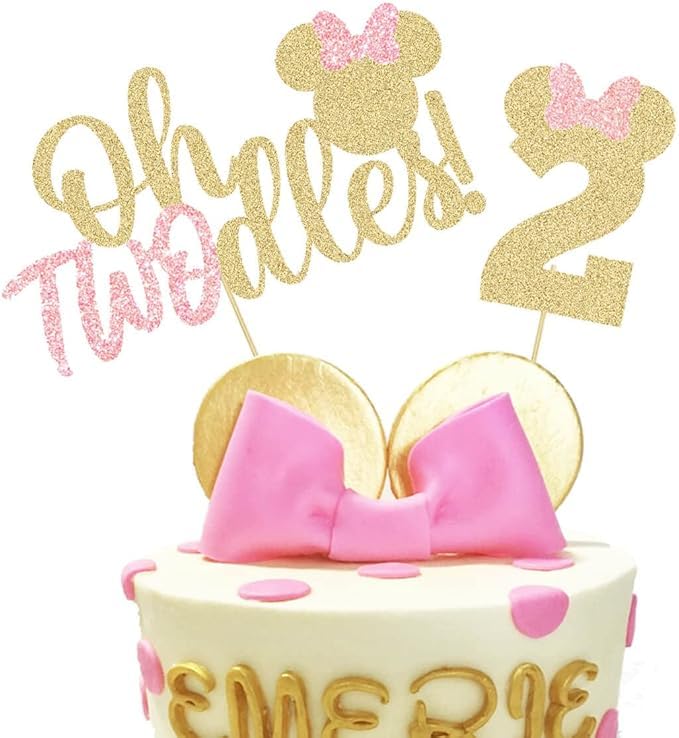 Image of Oh Twodles Cake Topper | 2nd Birthday Party Pink and Gold Glitter Cake Topper | Second Birthday Photo Props | Party Decoration Supplies | Mini Girl Cake Decoration