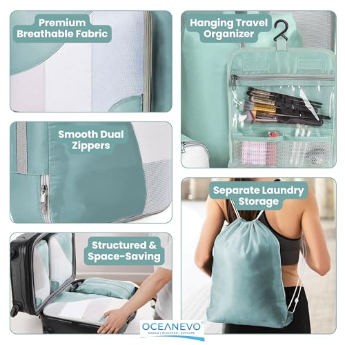 Image of OCEANEVO Set of 10 Pcs Packing Cubes for Travel | Includes Luggage Tag and Toothbrush Holder | Suitcase Organizer for Travelling for Clothes, Shoes and Lingerie | Model 3.0 - Sky Blue-1 Year Warranty