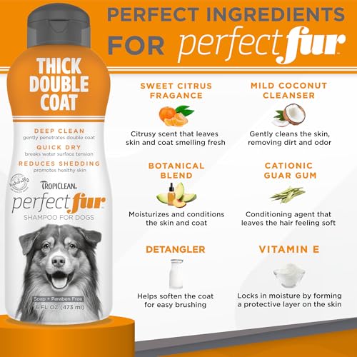 Tropiclean PerfectFur Thick Double Coat Shampoo for Dogs, 16oz - Made in USA - Unique Breed Specific Shed Control Formula for Breeds Like Australian Sheperds - Naturally Derived