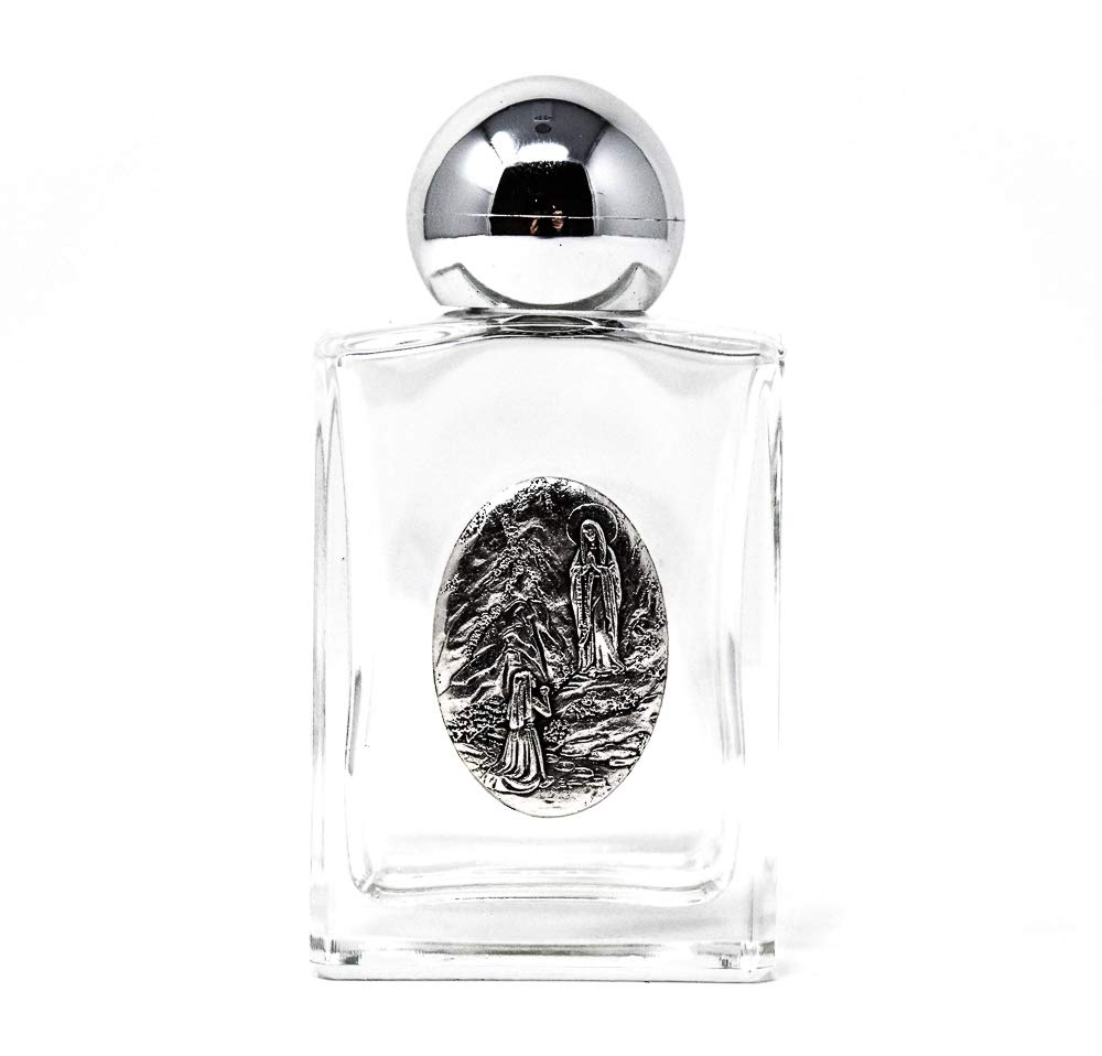 Lourdes water - large square bottle with silver plaque Plus a Lourdes Prayer Card