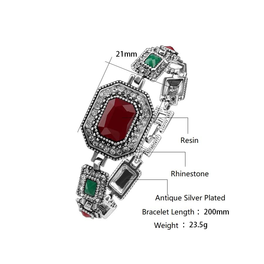Vintage Turkish Jewelry Antique Silver Plated Polygonal Colorful Rhinestone Square Link Bangle Bracelet for Women Gift2