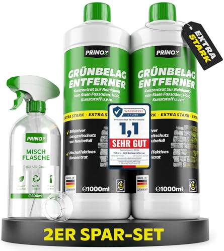 PRINOX® Grünbelagentferner Konzentrat 2x 1000ml inkl. Mischflasche – EXTRA STARK I Moosentferner & Algenentferner für Fassade, Terrasse, Dach, Pflasterstein I Chlorfrei & Säurefrei I Made in DE