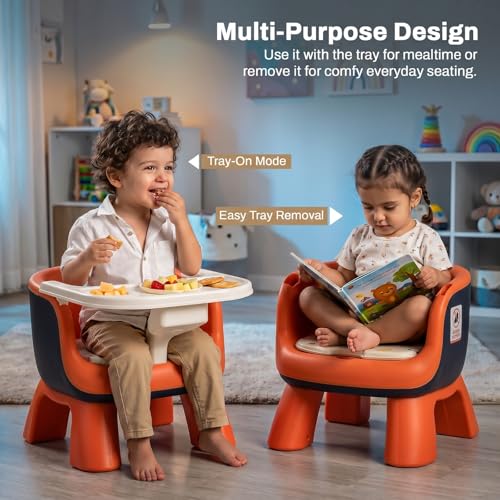 Image of Baybee Booster Chair for Baby with Detachable Food Tray, Anti-Slip Wide Legs & Soft Cushion Seat with Music | Portable Feeding Chairs for Kids Home & Travel - 0 to 3 Years (Orange)