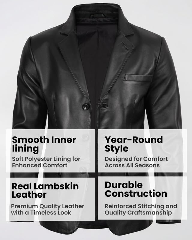 Image of Blingsoul Mens Leather Blazer Jacket - Real Lambskin Sport Coat with Notch Lapel Collar