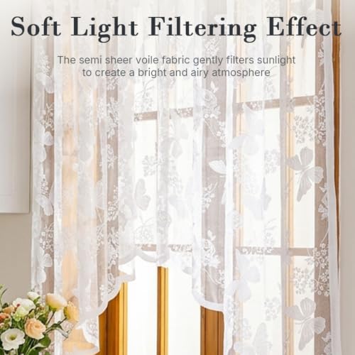 Image of HASTHIP White Lace Arched Sheer Curtain Floral Embroidered Valance
