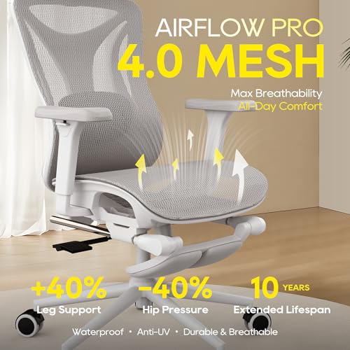 Image of CYKOV Ergonomic Office Chair with Footrest - Adjustable Lumbar Support & Headrest, 90-160 Reclining Mesh Back Computer Chair - Home Office /Gaming, 350lbs Capacity (SGS Certified) (W-Grey, Mesh)