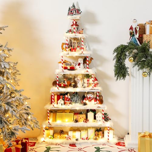DoubleFill 8 Tier Christmas Village Display Shelves 5.2ft Large Christmas Tree Corner Shelf a Shaped Bookcase with 8 Pcs Artificial Snow Blanket LED String Light Xmas Display Stand for Holiday