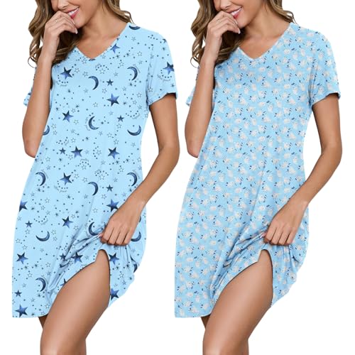 Marvmys Women 2 Pack Nightgowns Soft Short Sleeve Sleep Shirts Sleepwear V Neck Comfy Lounge Dress Nightshirts 3X-Large Star Print&cat Print