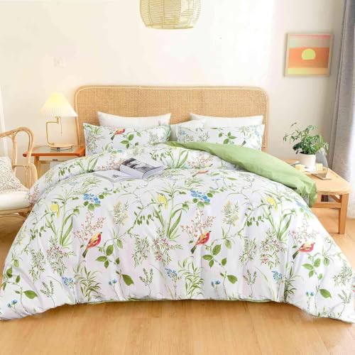 Nyescasa Bettwäsche 135x200 Weiß Grün Blumen Blätter mit Kissenbezug 80x80 – Ansicht 1