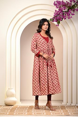 Image of KANNAHI Women Pure Cotton Printed Straight Calf Length Regular Jaipuri Kurta and Shrug Set with Floral Print for Womens & Girls Grey