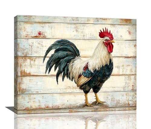 Farmhouse Rooster Wall Art, Rustic Chicken Pictures Wall Decor, Country Farm Animal Canvas Prints Painting, Framed Artwork for Kitchen Bathroom Living Room Dining Room Bedroom 20"x16"