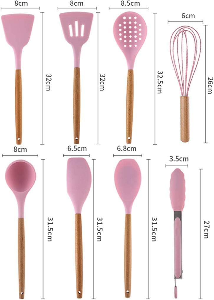 set di utensili da cucina, Set di utensili da cucina 9 pezzi in silicone - Utensili resistenti al calore Cucchiai con manico in legno