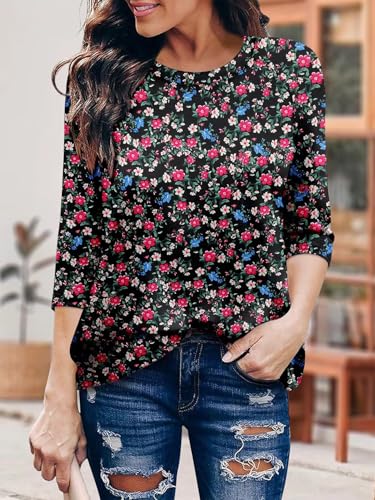 KISSMODA Tunic Tops for Women Loose Fit Dressy Round Neck Pleated 3/4 Length Sleeve Spring Tops