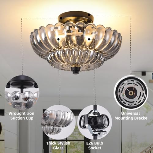 Image of Semi Flush Mount Ceiling Light, 11.8 Inch Black Vintage Hallway Light Fixture with Smoky Gray Glass, Close to Ceiling Light for Bedroom Kitchen Living Room Bathroom Foyer, E26 Base