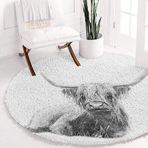 Image of Round Area Rugs Fluffy Circle Rug Scottish Highland Cow Gray Animal Art,Soft Shaggy Throw Mats Wildlife Cattle,Round Carpet Non Slip Doormats for Living Room Bedroom Kids Teens Girls Room