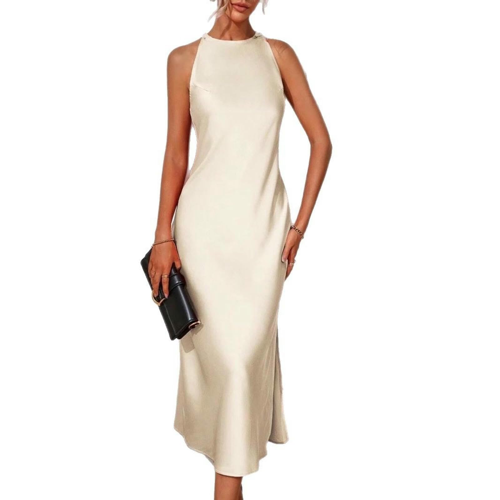 Abiti Abito Lungo da Donna, Elegante Vestito Sexy per Ospite di Seta Drappeggiata Il Collo Tondo -Nero-XXL