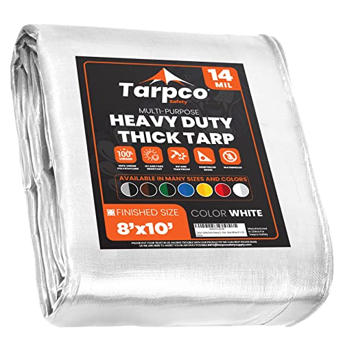 Image of Extra Heavy Duty 14 Mil Tarp Cover, Waterproof, UV Resistant, Rip and Tear Proof, Poly Tarpaulin with Reinforced Edges for Roof, Camping, Patio, Pool, Boat (White 8′ X 10′)